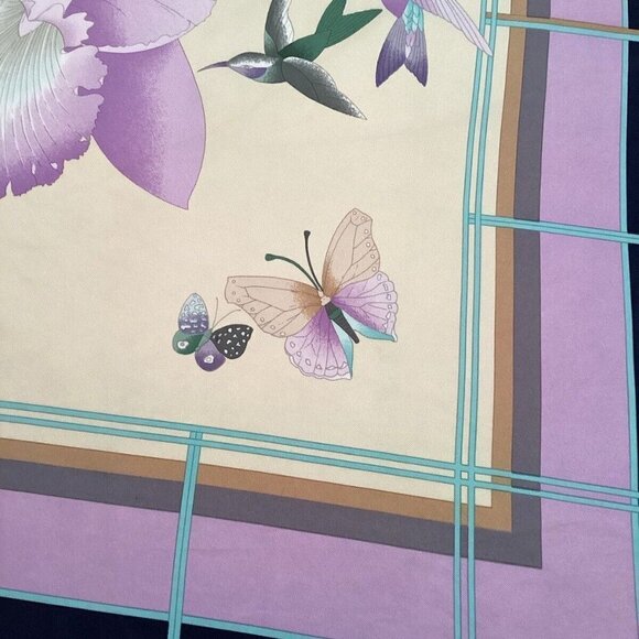 LÉONARD PARIS Purple Floral BIRD Print Scarf Silk Italy 34.5"-33.5" EX COND - Picture 5 of 11